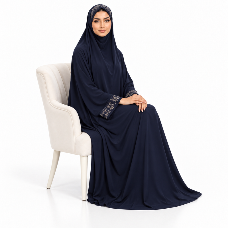 Elegant Navy Blue Embellished Modest Jilbab-2