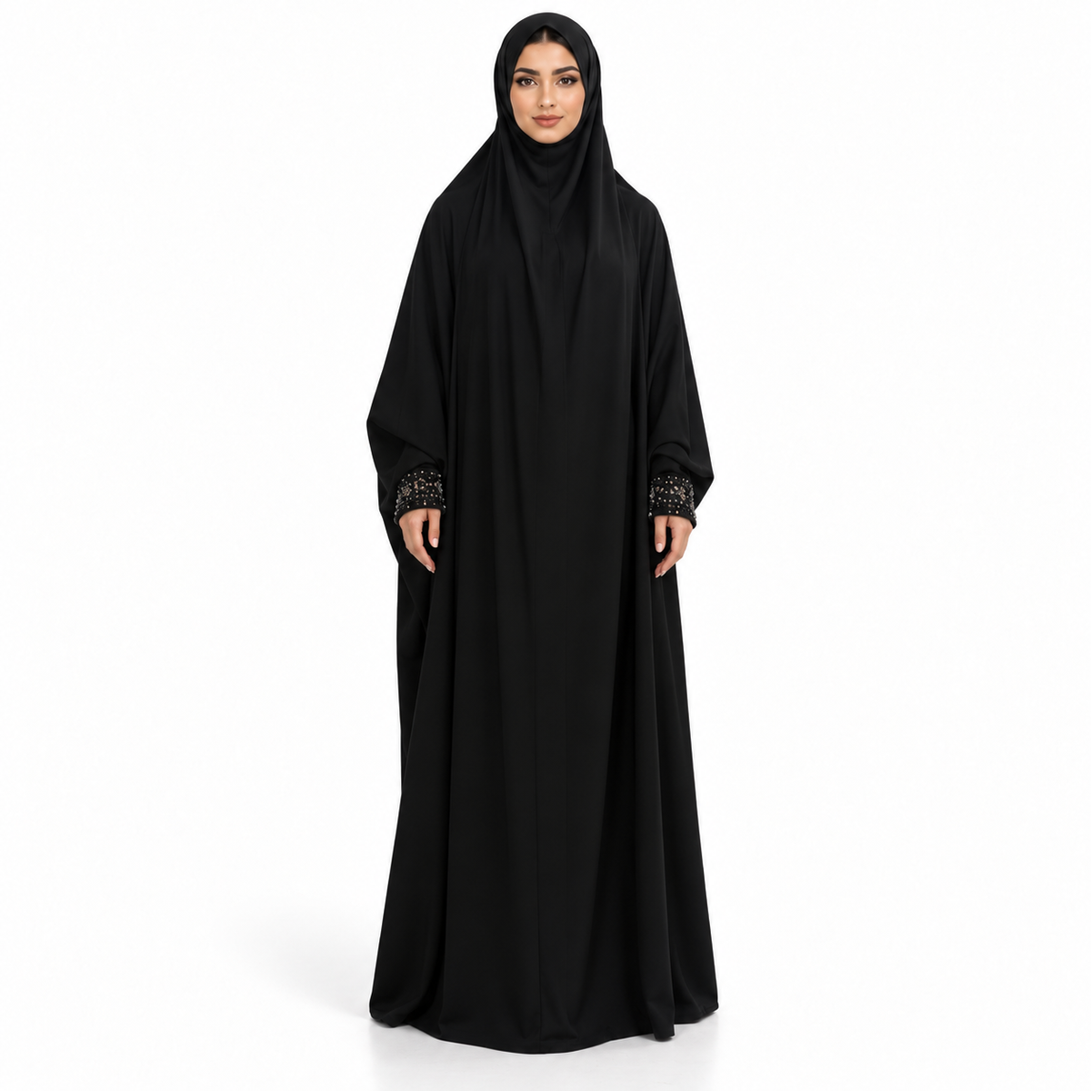 Elegant Black Jilbab With Embellished Cuffs-1