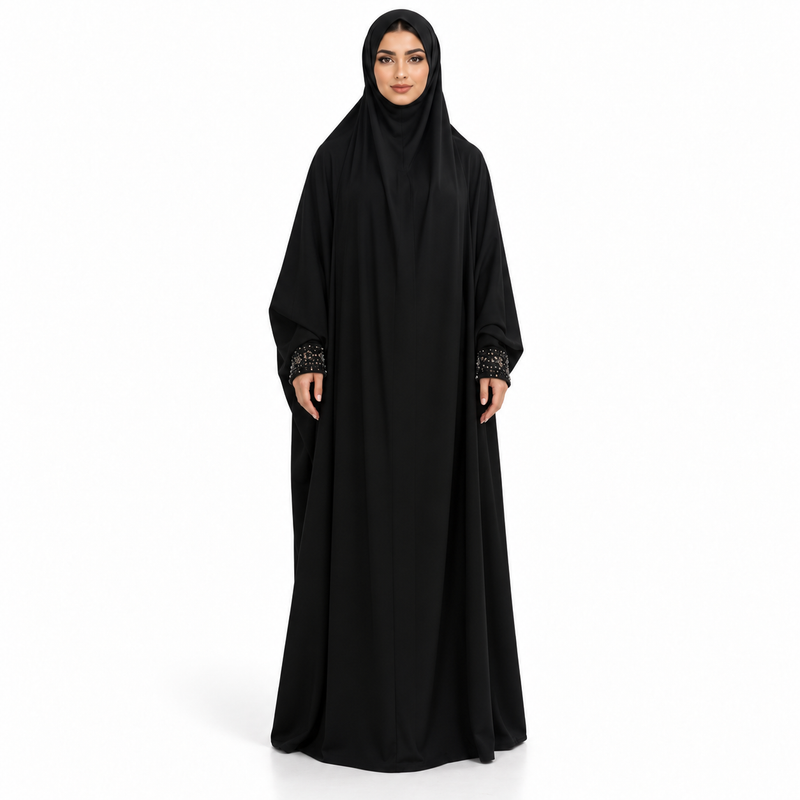 Elegant Black Jilbab With Embellished Cuffs-1