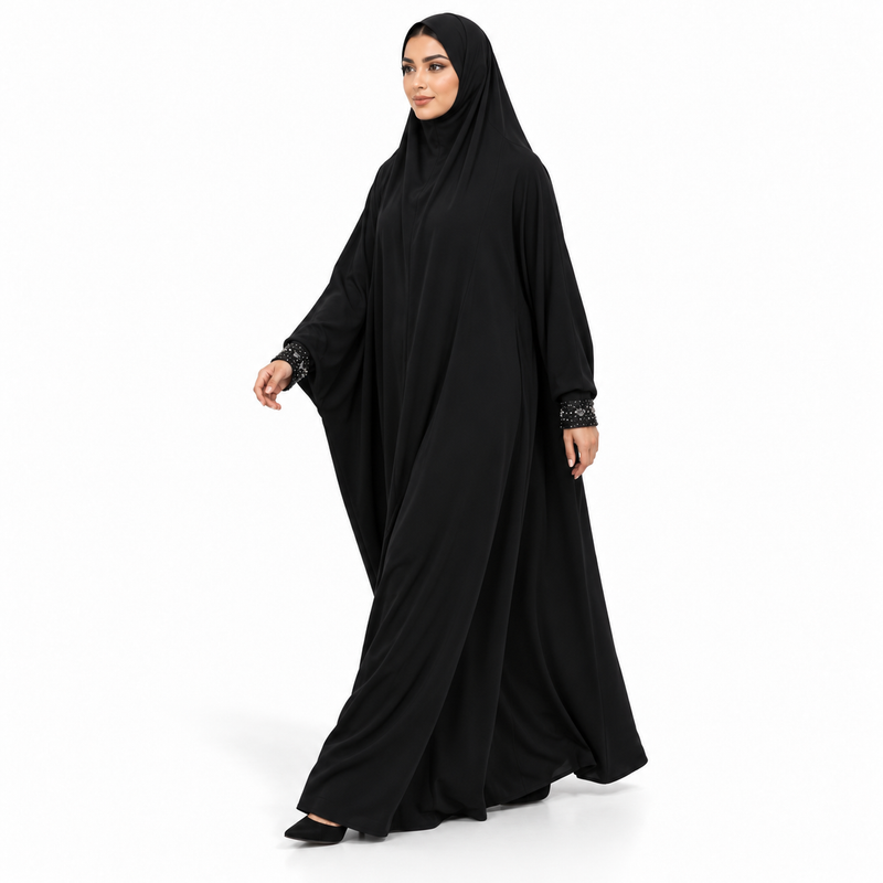 Elegant Black Jilbab With Embellished Cuffs-3