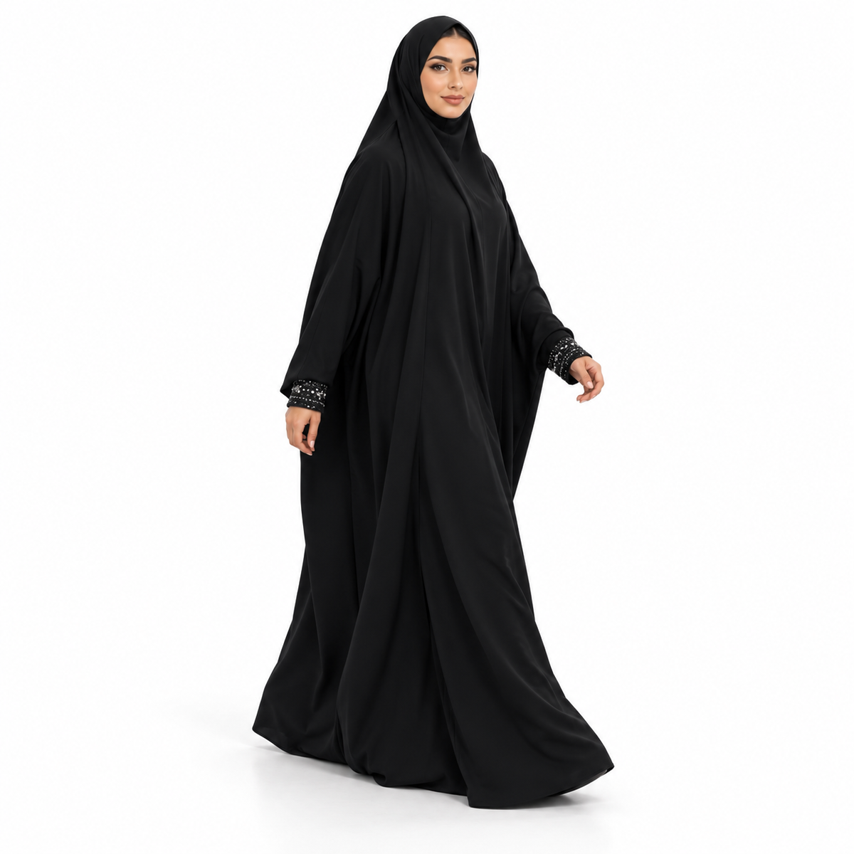 Elegant Black Jilbab With Embellished Cuffs-2