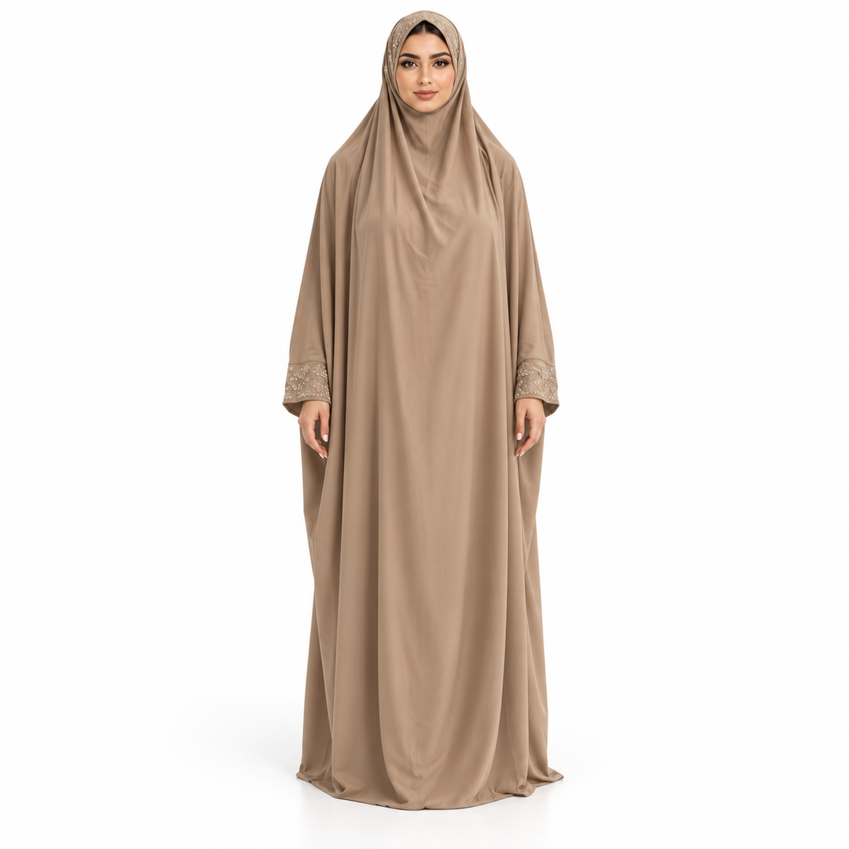 Elegant Khaki Jilbab With Embellished Details-1