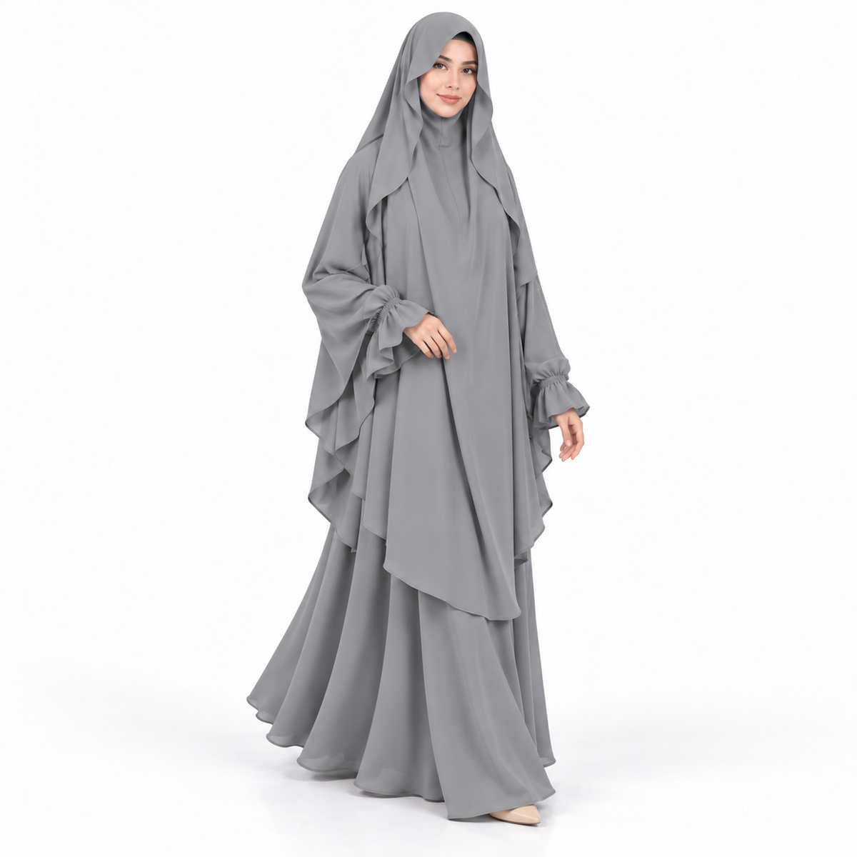 Elegant Grey Flowing Layered Women's Khimar-3