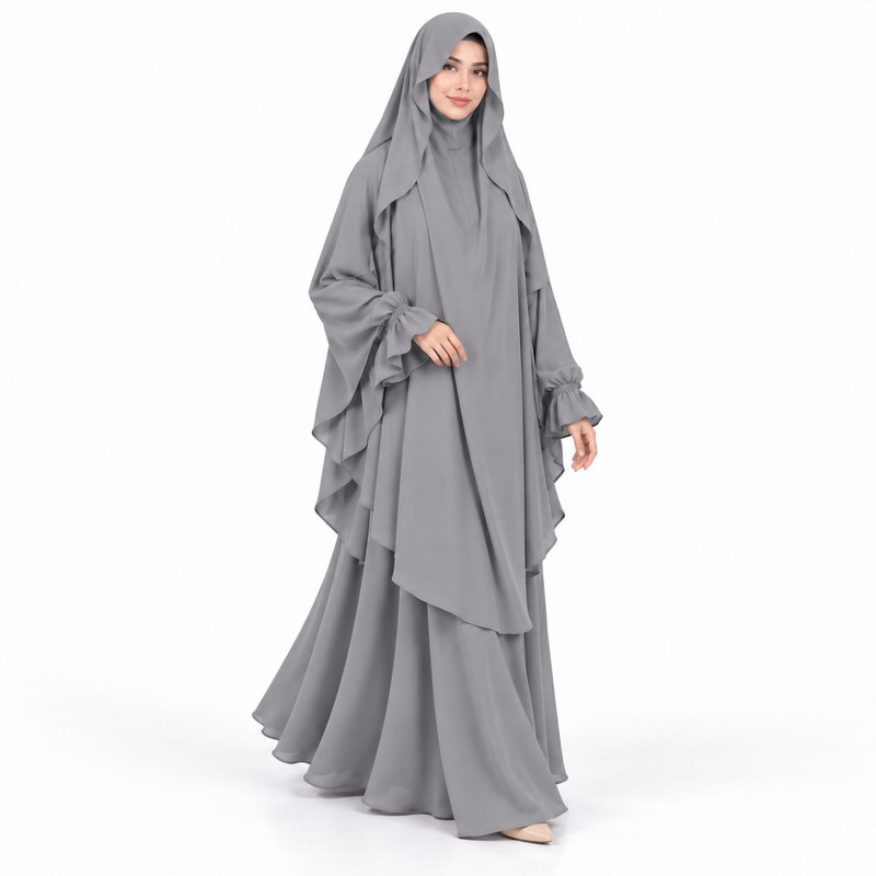 Elegant Grey Flowing Layered Women's Khimar-3