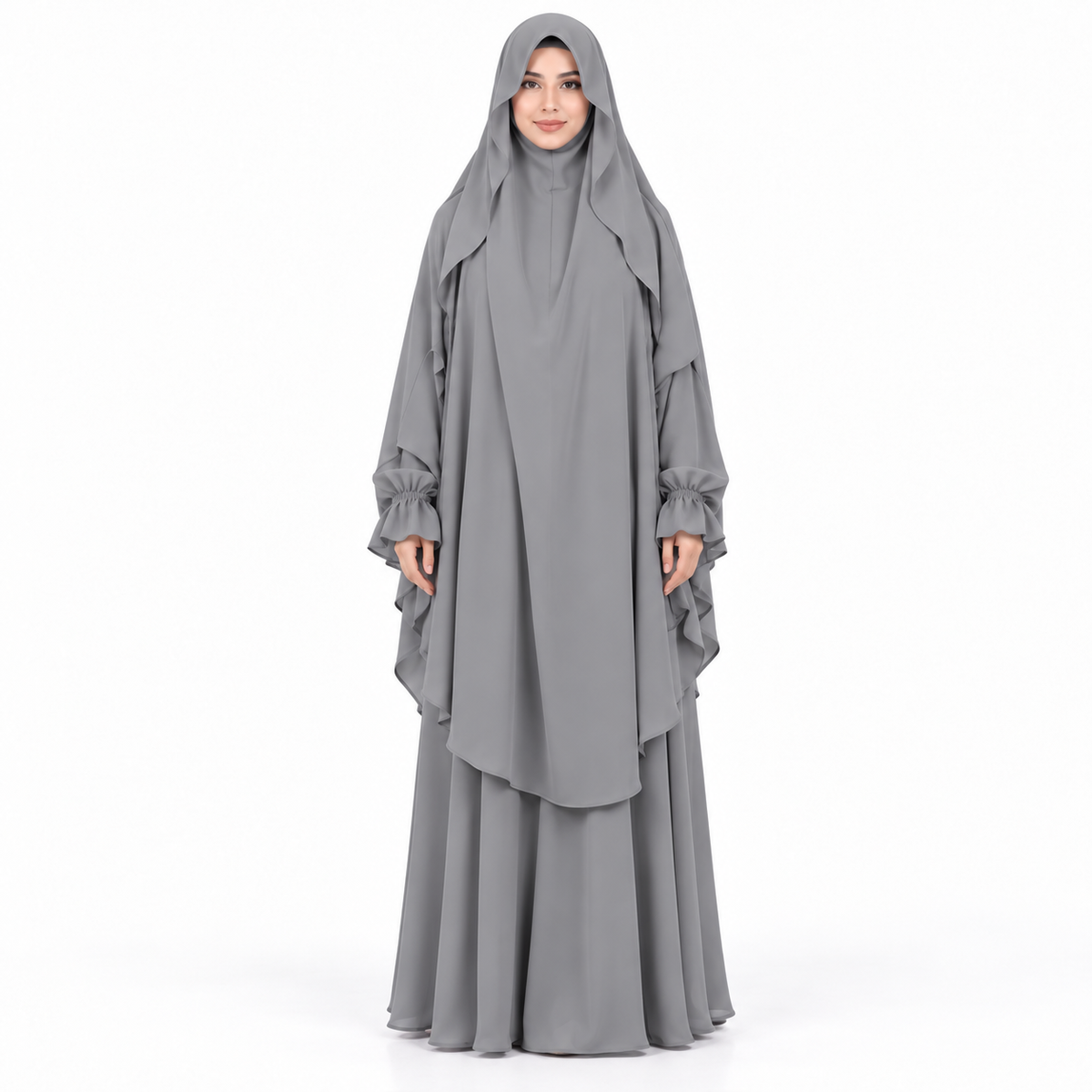Elegant Grey Flowing Layered Women's Khimar-1