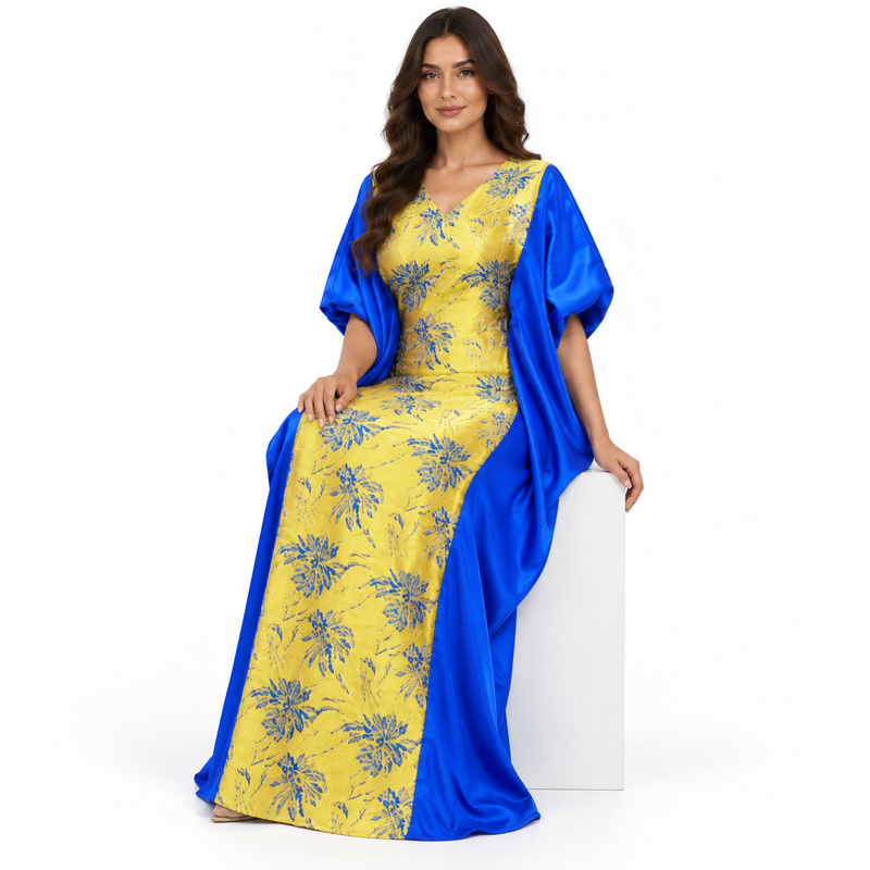 Royal Blue Gold Floral Satin Kaftan-3