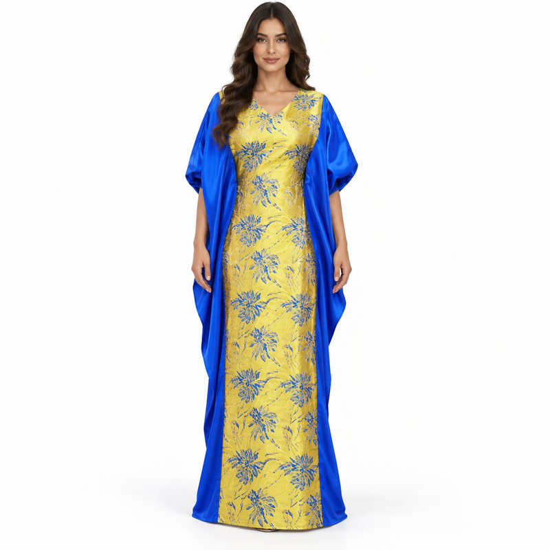 Royal Blue Gold Floral Satin Kaftan-1