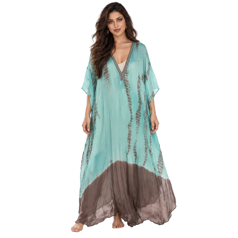 Aqua Brown Tie Dye Flowing Kaftan-1