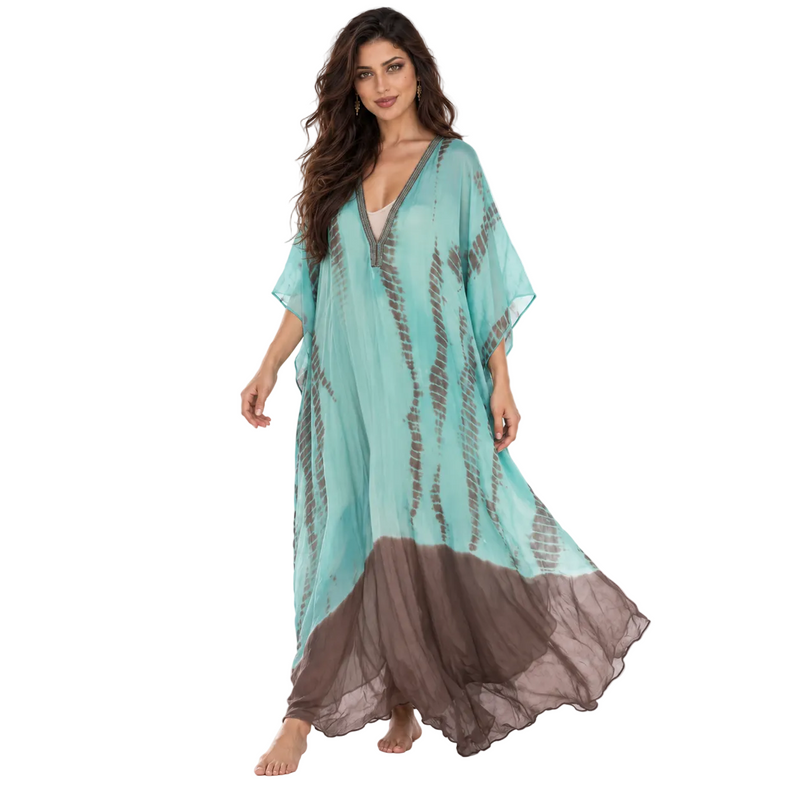 Aqua Brown Tie Dye Flowing Kaftan-2