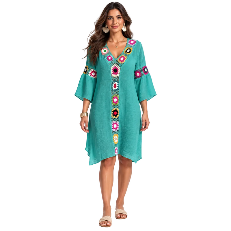 Malachite Blue Crochet Floral Beach Kaftan-1