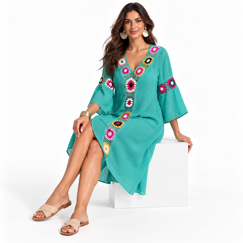 Malachite Blue Crochet Floral Beach Kaftan-3