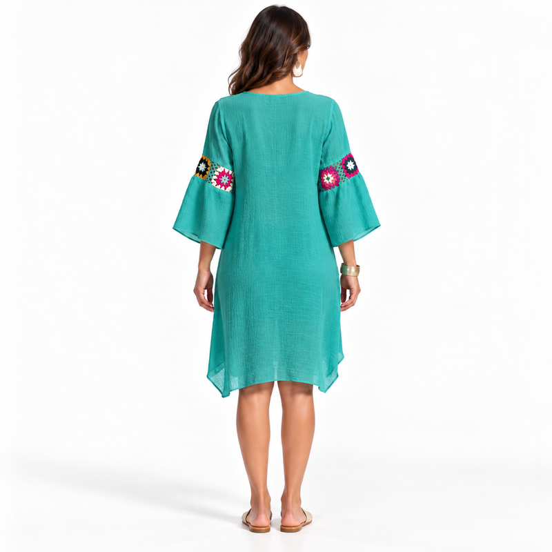 Malachite Blue Crochet Floral Beach Kaftan-4