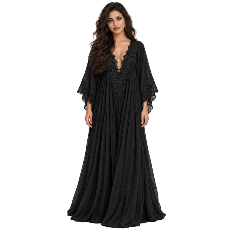 Black Lace Flowing Women’s Kaftan Dress-1