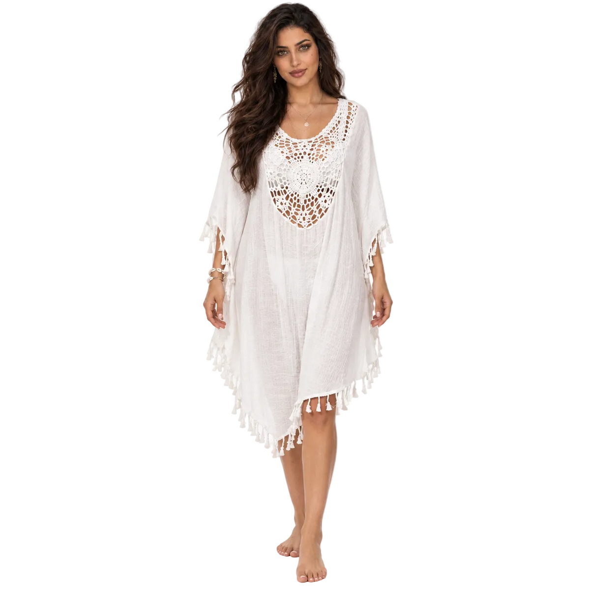 White Crochet Tassel Relaxed Beach Kaftan-1