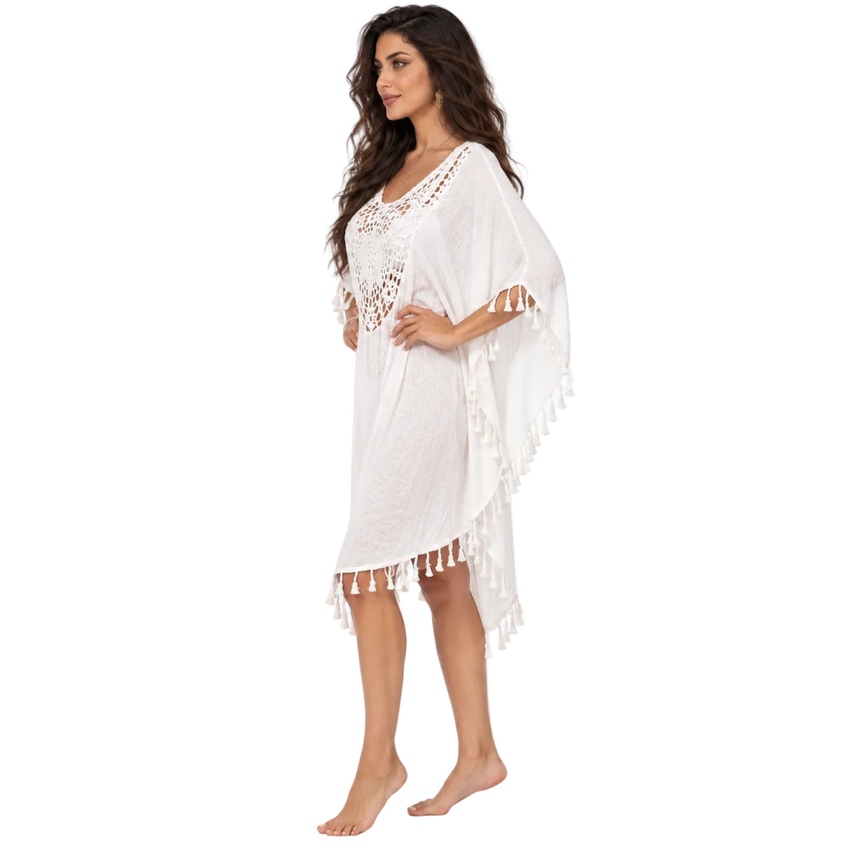 White Crochet Tassel Relaxed Beach Kaftan-3
