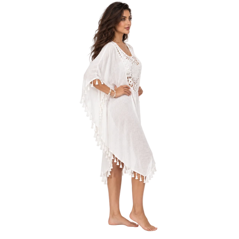 White Crochet Tassel Relaxed Beach Kaftan-2