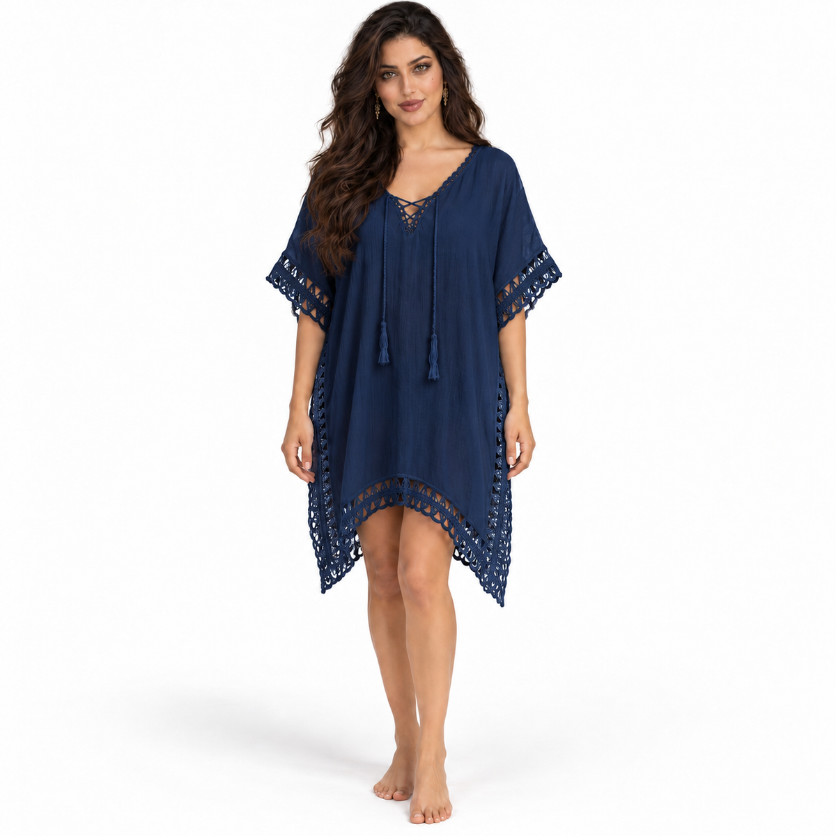 Blue Crochet Trim Relaxed Beach Kaftan