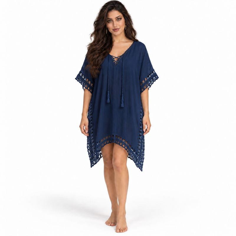 Blue Crochet Trim Relaxed Beach Kaftan-1