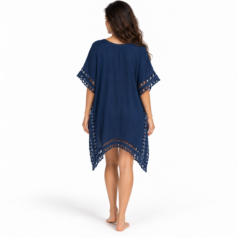 Blue Crochet Trim Relaxed Beach Kaftan-4