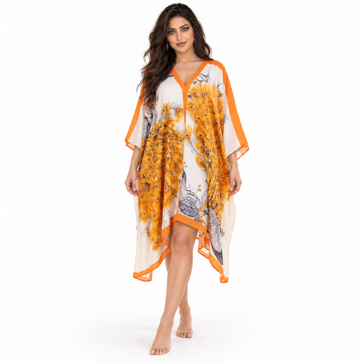 Orange Peacock Print Flowing Resort Kaftan-1