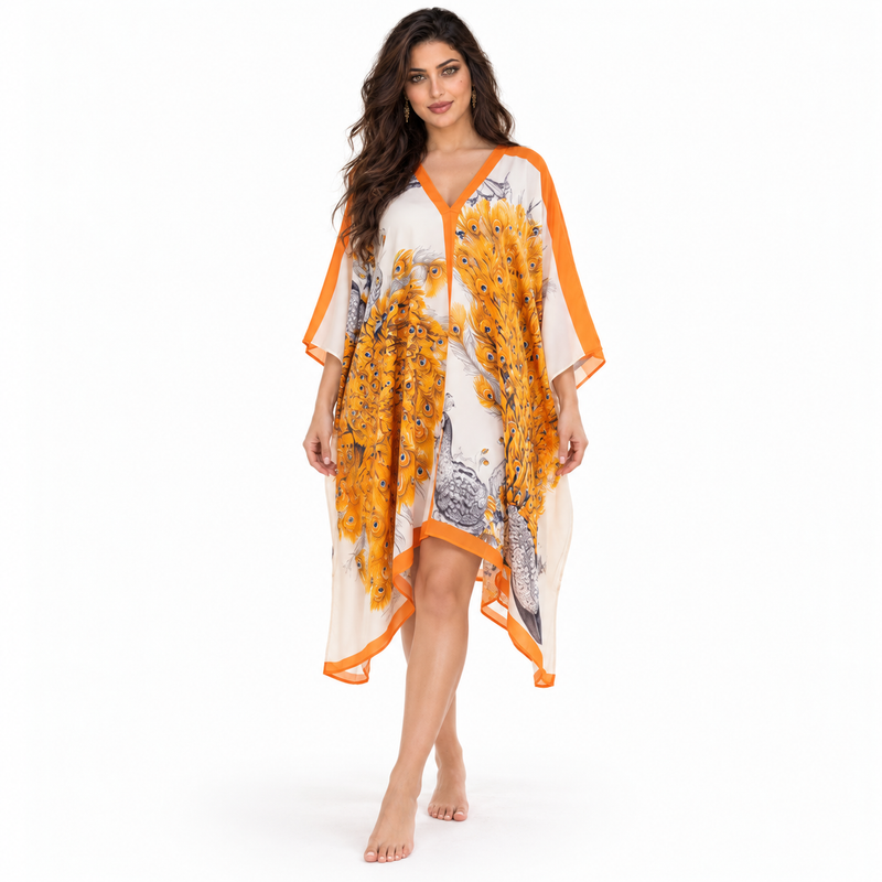 Orange Peacock Print Flowing Resort Kaftan-1