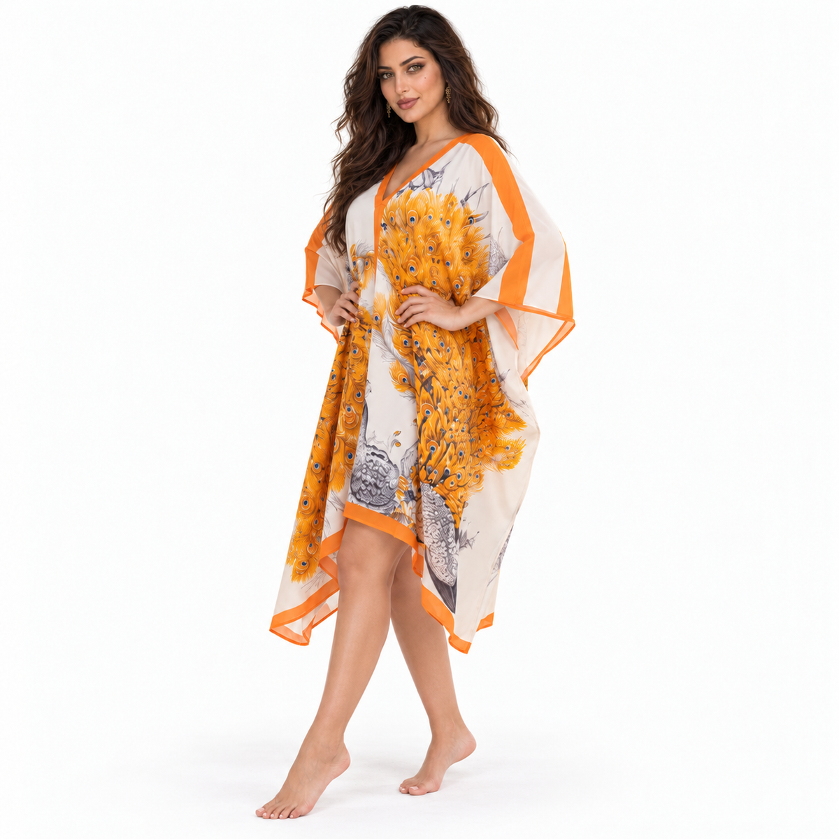 Orange Peacock Print Flowing Resort Kaftan-2