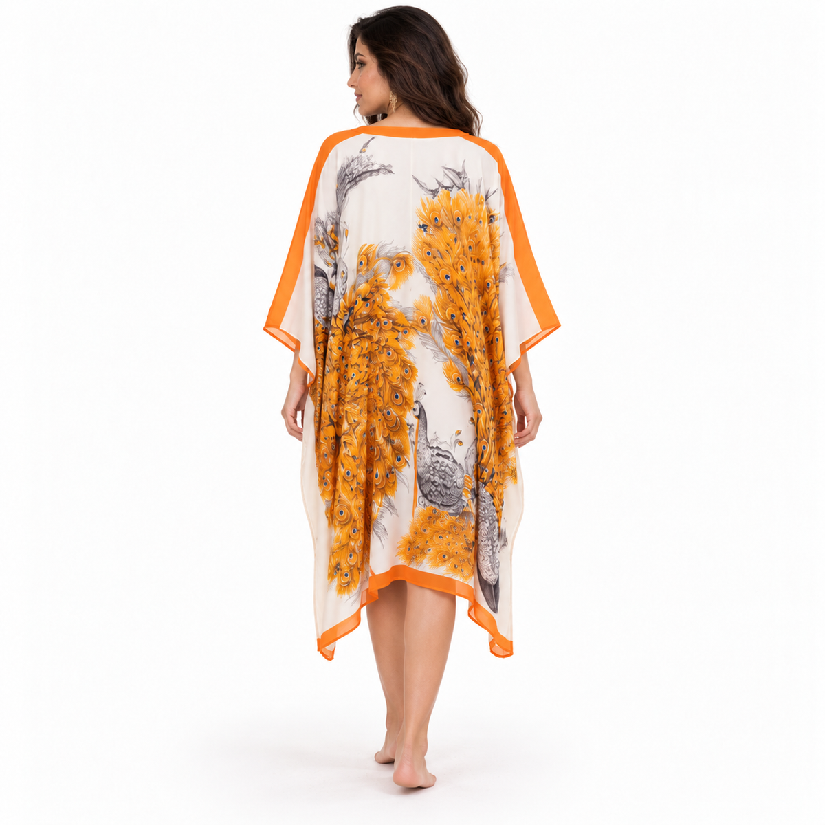 Orange Peacock Print Flowing Resort Kaftan-4