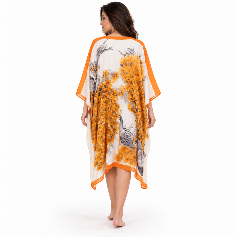 Orange Peacock Print Flowing Resort Kaftan-4