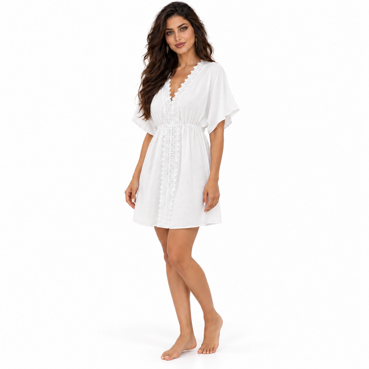 White Lace Trim Gathered Waist Kaftan-2