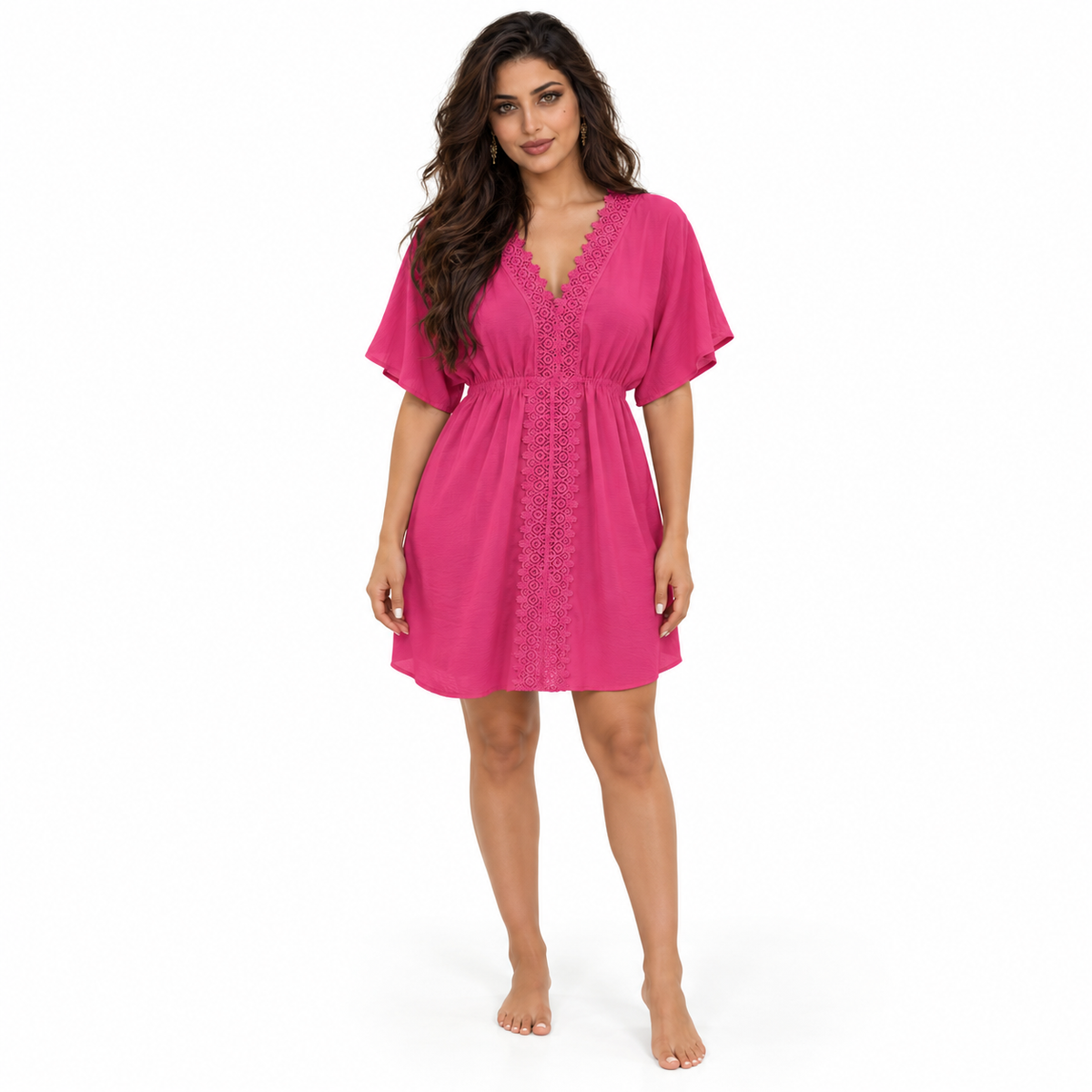 Hot Pink Lace Gathered Waist Kaftan-1