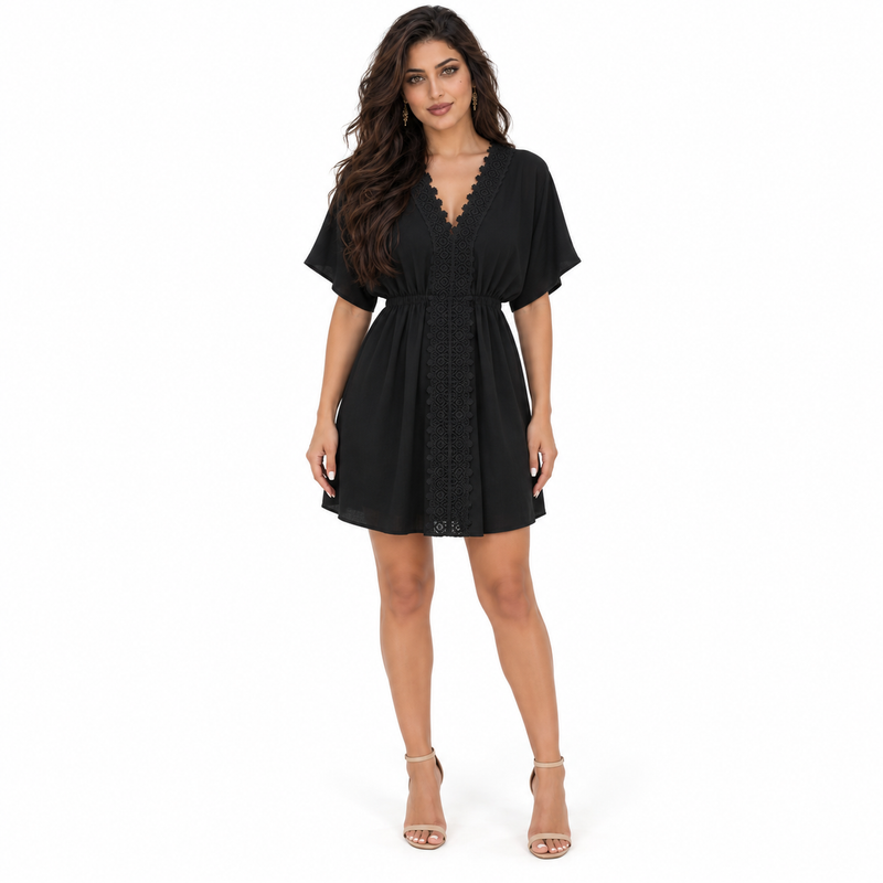 Black Lace Trim Short Women’s Kaftan-1