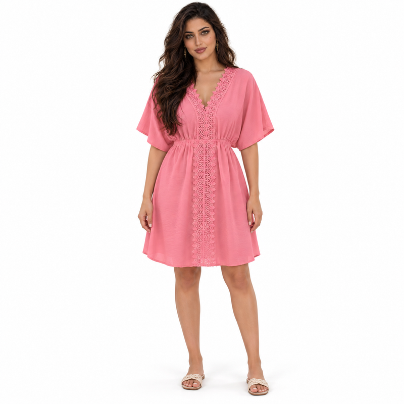 Pink Lace Trim Gathered Waist Kaftan-1