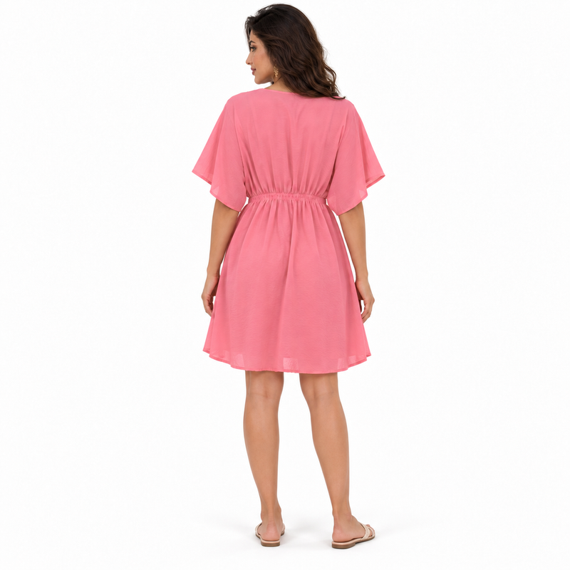 Pink Lace Trim Gathered Waist Kaftan-4