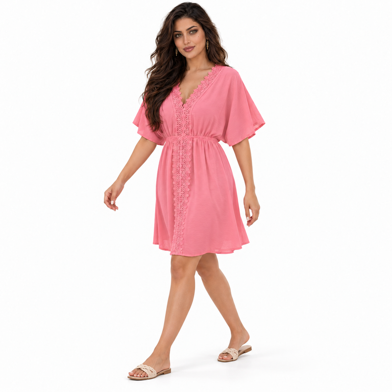 Pink Lace Trim Gathered Waist Kaftan-2