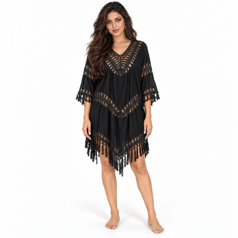 Black Crochet Fringe Relaxed Women’s Kaftan-1