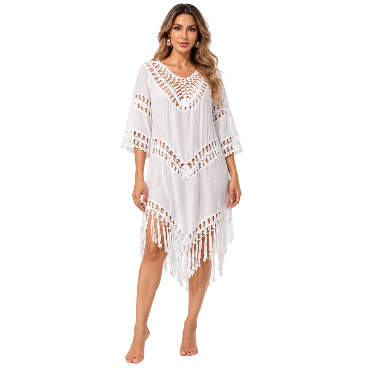 White Crochet Fringe Beach Cover Kaftan-1