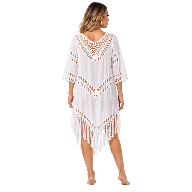 White Crochet Fringe Beach Cover Kaftan-4