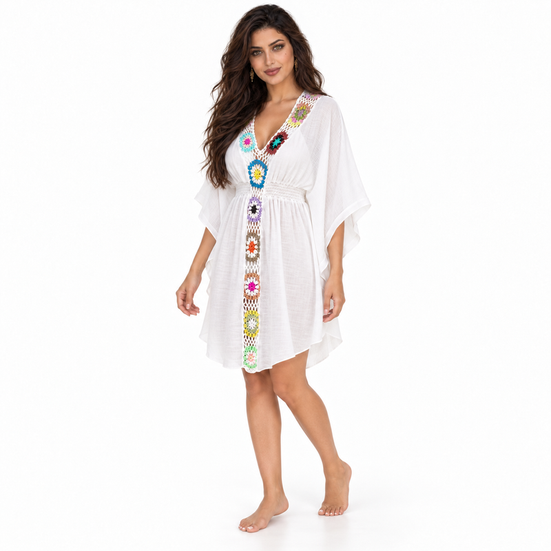 White Crochet Floral Trim Beach Kaftan-3