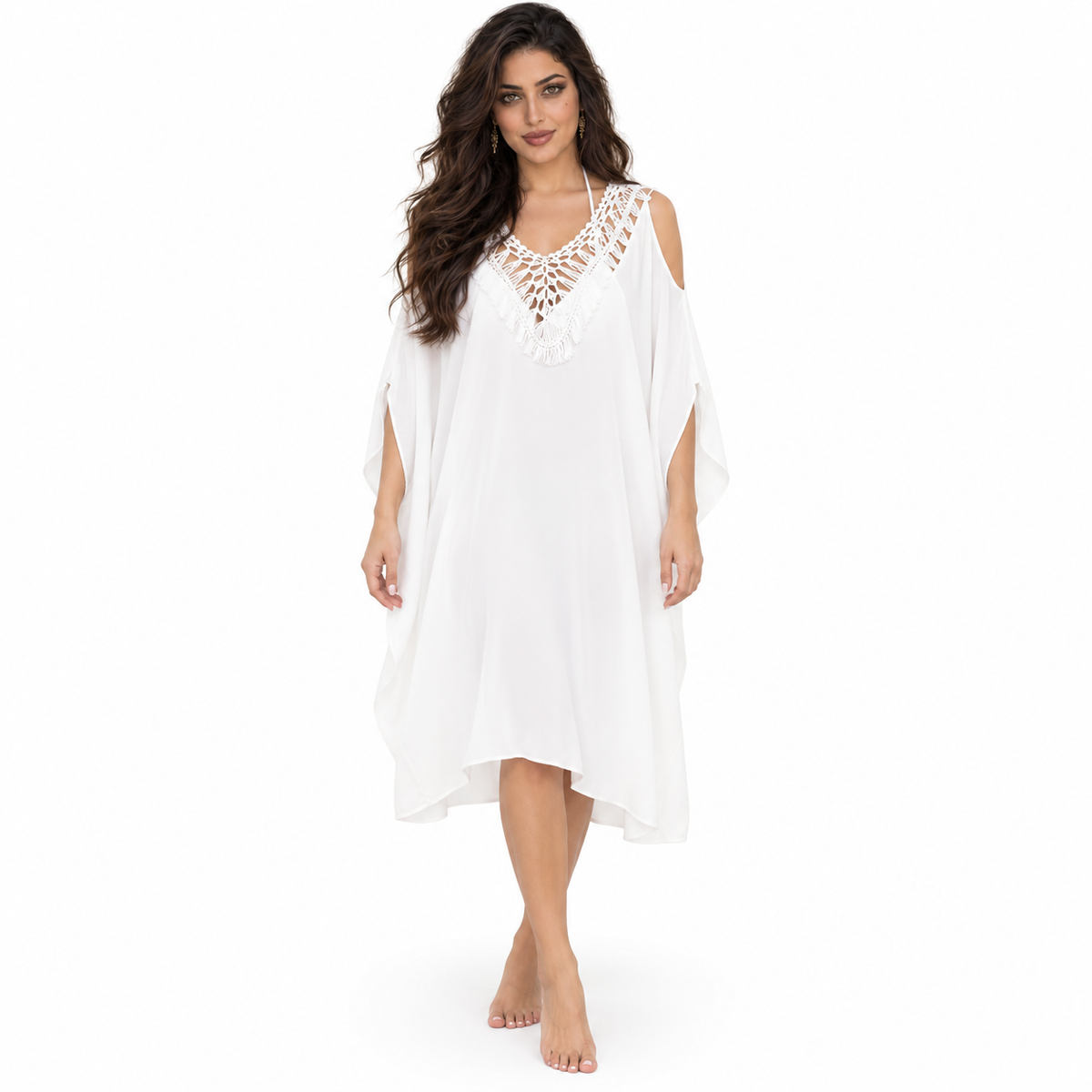 White Crochet Cold Shoulder Beach Kaftan