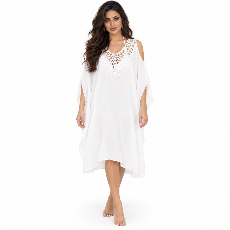 White Crochet Cold Shoulder Women’s Kaftan-1