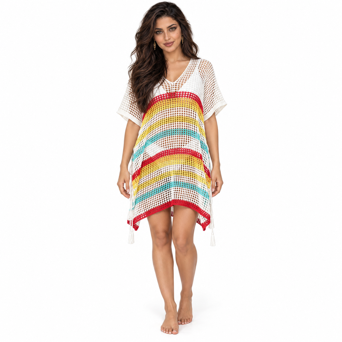 White Multicolor Crochet Stripe Beach Kaftan-1