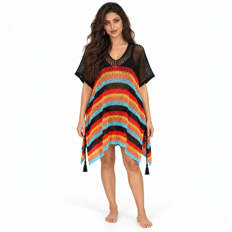 Black Multicolor Crochet Stripe Beach Kaftan-1