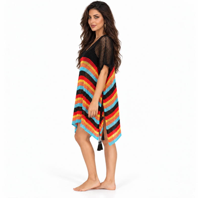 Black Multicolor Crochet Stripe Beach Kaftan-3