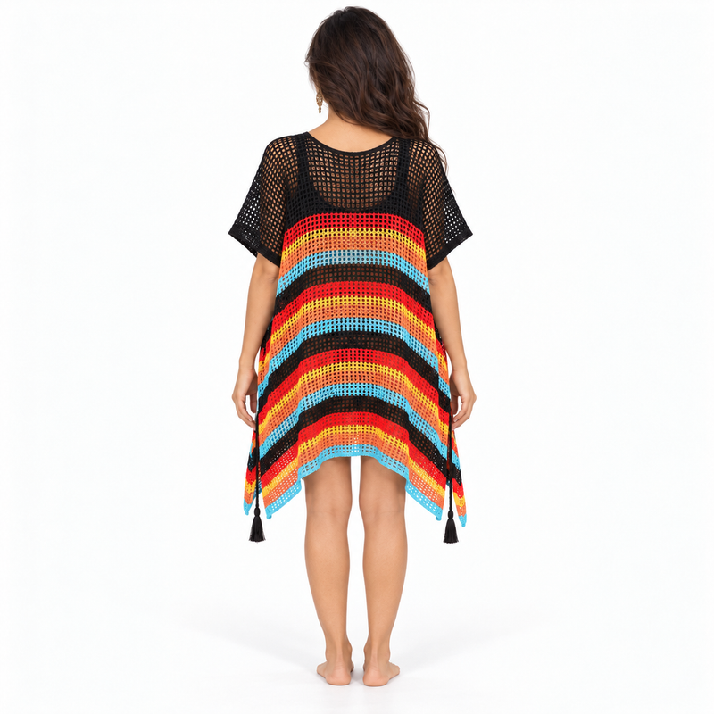 Black Multicolor Crochet Stripe Beach Kaftan-4
