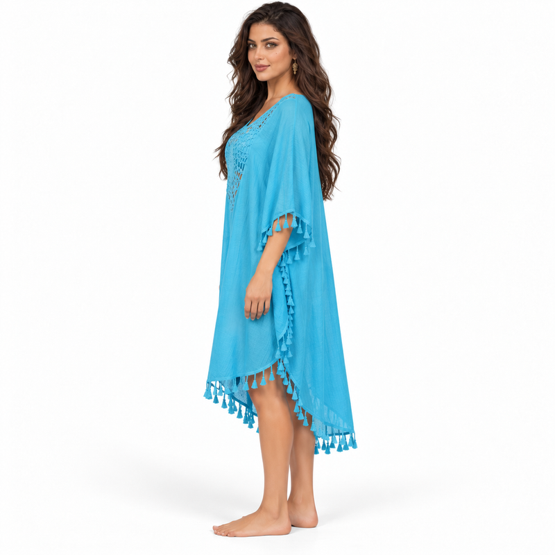Blue Crochet Tassel Relaxed Beach Kaftan-2