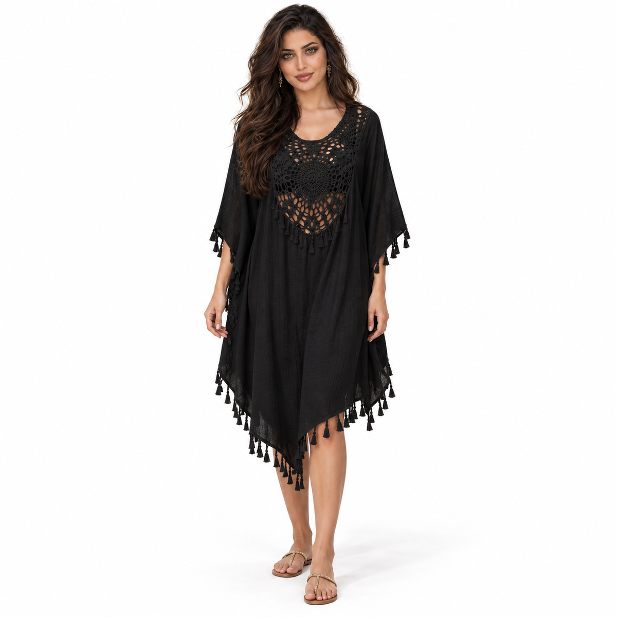 Black Crochet Tassel Relaxed Beach Kaftan