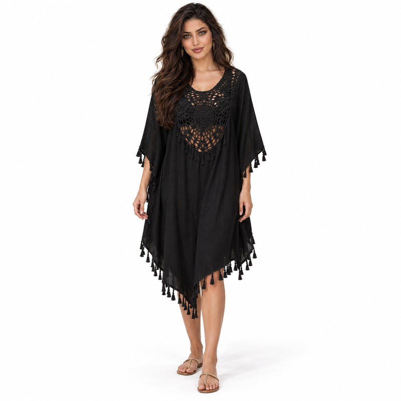 Black Crochet Tassel Relaxed Women’s Kaftan-1