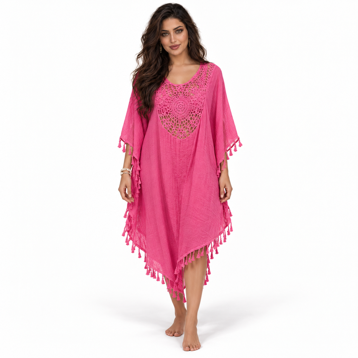 Rose Red Crochet Tassel Women’s Kaftan-1
