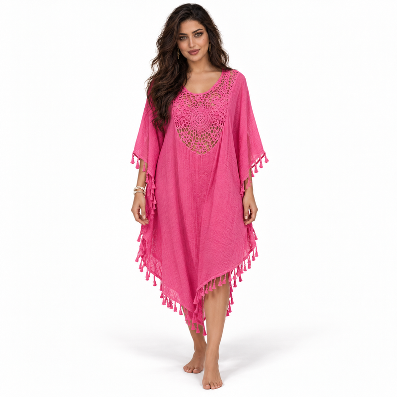 Rose Red Crochet Tassel Women’s Kaftan-1