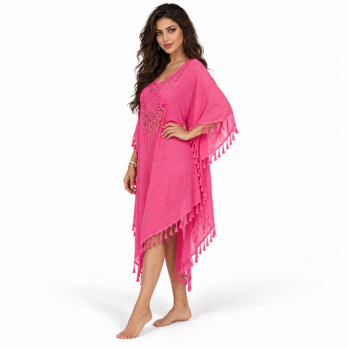 Rose Red Crochet Tassel Women’s Kaftan-2